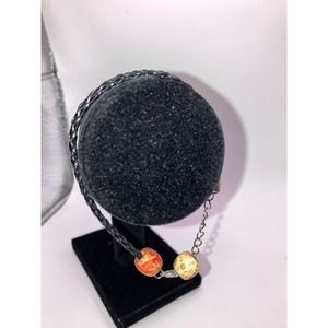 Black Leather Braided European Beads 9 3/8 Inch Bracelet!